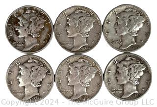 Six (6) Mercury Silver 10 Cent Dime Coins 1945 US