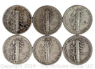 Six (6) Mercury Silver 10 Cent Dime Coins 1945 US