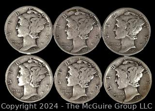 Six (6) Mercury Silver 10 Cent Dime Coins 1945 US