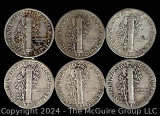 Six (6) Mercury Silver 10 Cent Dime Coins 1945 US