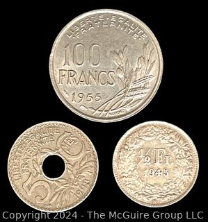 1918 French 5 Centimes Coin, 1945 1/2 Franc & 1955 100 Franc Coin