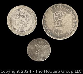 Foreign: (3) Silver Coins Including 1786 Mexico Colonial 2 Reales and 1704 Unidentified Coin 