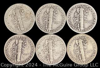 US: (6) Mercury Silver 10 Cent Dime Coins (4) 1941 (1) 1941-S (1) 1943