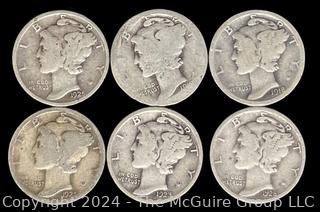 US: (6) Mercury Silver 10 Cent Dime Coins 1918-28