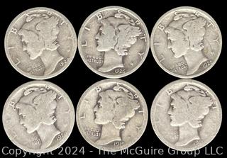 US: (6) Mercury Silver 10 Cent Dime Coins 1919 (2) 1920 1925 1926 1929