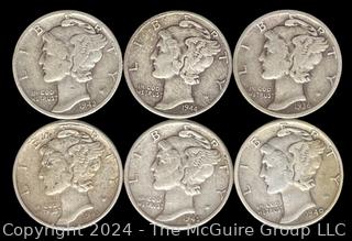 US: (6) Mercury Silver 10 Cent Dime Coins 1936 40 42-D 44 (2) 45