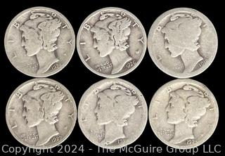 US: (6) Mercury Silver 10 Cent Dime Coins 1918-27