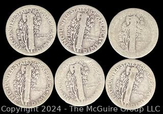 US: (6) Mercury Silver 10 Cent Dime Coins 1918-27