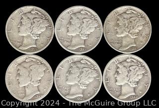 US: (6) Mercury Silver 10 Cent Dime Coins 1936-42