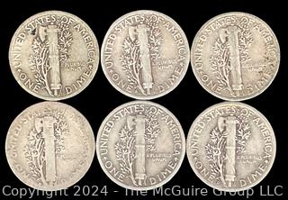 US: (6) Mercury Silver 10 Cent Dime Coins 1936-42