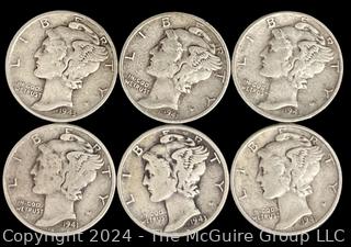 US: (6) Mercury Silver 10 Cent Dime Coins (3) 1941 (3) 1943