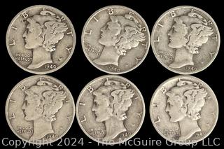 Six (6) Mercury Silver 10 Cent Dime Coins 1940 US 