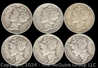 US: (6) Mercury Silver 10 Cent Dime Coins 1942 (need obverse)