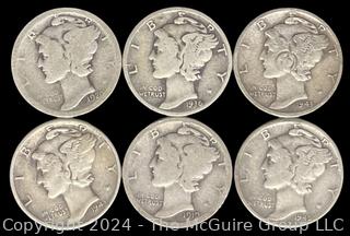 US: (6) Mercury Silver 10 Cent Dime Coins 1919 1920 1936 1942 1943-S 1945