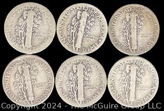 US: (6) Mercury Silver 10 Cent Dime Coins 1919 1920 1936 1942 1943-S 1945