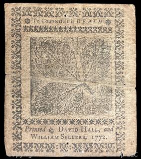 US: 1772 Pennsylvania Colonial Currency One Shilling Samuel Howell Jr. Printed by David Hall and William Sellers 