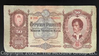 Foreign: 1932 Hungary 50 Pengo Currency Note. Pre WW1