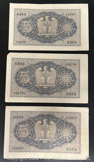 (3) Italian 5 Lire Circulated Bank Notes