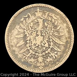 Foreign: 1878 German King Wilhelm 1 Mark Shielded Eagle Silver Coin 