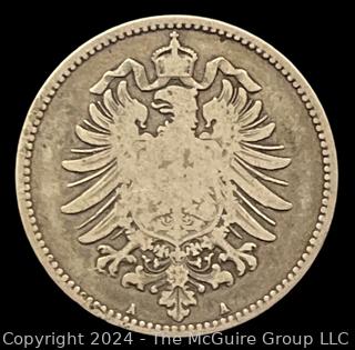 Foreign: 1874 German King Wilhelm 1 Mark Shielded Eagle Silver Coin 