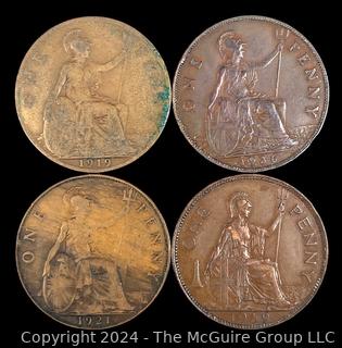 (4) British One Penny Coins 1919 1936 1921 1939