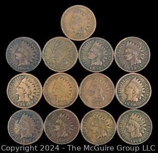 US: (13) Indian Head Pennies 1899 1900 1902 1897 1901 1909 1906 1905 1898 1903 1904 1907 1908