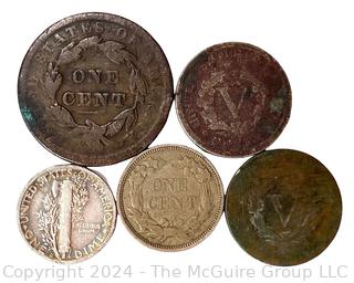 (5) Coins Including 1858 Flying Eagle Cent, 1900 V Nickel, 1898 V Nickel and 1942 Mercury Silver Dime 