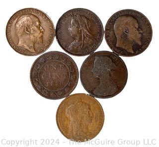 (1) 1859 Canadian and (5) UK Half Pennies 1905 1900 1802 1891 1917