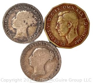 1848 UK Six Pence, 1880 UK Six Pence and 1944 Three Pence Coins