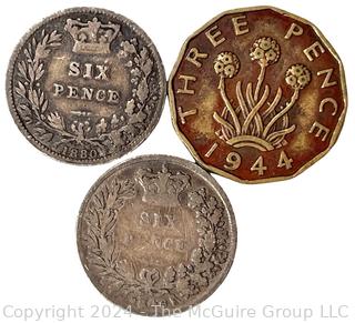 1848 UK Six Pence, 1880 UK Six Pence and 1944 Three Pence Coins