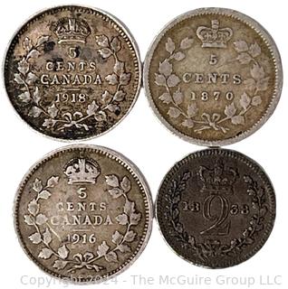 (3) 5 Cent Canadian Silver Coins 1916 1918 1870 & 1838 British Maundy Silver 2 Pence coin