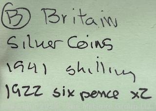 Foreign: 1941 British Shilling and (2) 1922 Six-Pence Coins