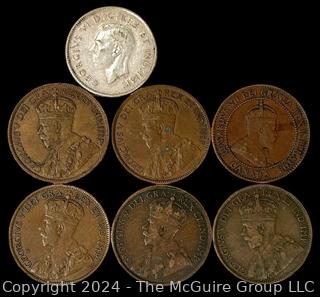 Foreign: (6) Canadian One Cent Coins 1906 1913 1914 1916 1916 1919 and (1) 25 Cent Coin (.800 Silver)