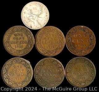 Foreign: (6) Canadian One Cent Coins 1906 1913 1914 1916 1916 1919 and (1) 25 Cent Coin (.800 Silver)