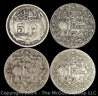 Foreign: (3) Moroccan 1 Franc Coins and 1916 5 Piastres Coin