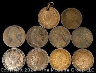 Foreign: (10) British Copper Pennies 1913 1887 186_ 1910 1861 1867 1895 1916 1916 1921