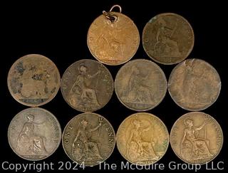 Foreign: (10) British Copper Pennies 1913 1887 186_ 1910 1861 1867 1895 1916 1916 1921