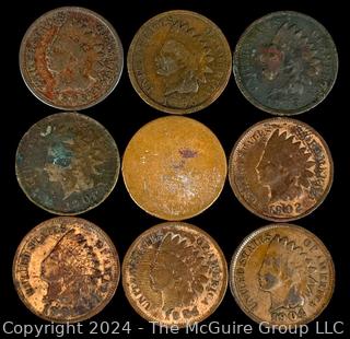 US: (9) Indian Head Penny Coins Including 1893 1905 1888 1901 1902 1904 1904