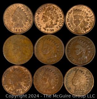 US: (9) Indian Head Penny Coins Including 1903 1904 1901 1898 1887 1905 1906