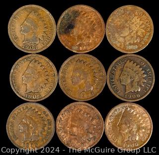 US: (9) Indian Head Penny Coins Including 1903 1880 1906 1906 1907 1900 1882