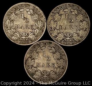 Foreign: (3) 1906 German 1/2 Mark Coins 