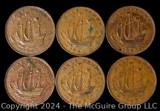 Foreign: (6) British Half-Pennies 1943 1943 1943 1944 1944 1945