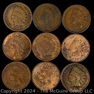 US: (9) Indian Head Penny Coins 1907 1897 1903 1900 1907 1898 1909 1883 1903