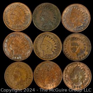 US: (9) Indian Head Penny Coins 1908 1901 1903 1907 1899 1899 1905 1905 1890