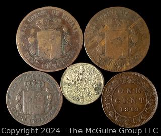 Foreign: (4) British Coins 1877 1877 1879 1936 and 1859 Canadian Copper Coin 