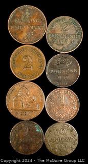 Foreign: (7) European Coins  1863 Norwegian 1/2 Skilling, 1881 1 Kreuzer, 1881 1 Torneso, 1885 1 Kreuzer, 1864 Belgium Coin, 1840 Groszy and 1853 German 75 Pfenning