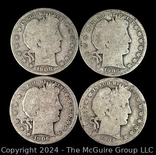 US: (4) Barber Half-Dollar Coins 1904 1906 1906 1908