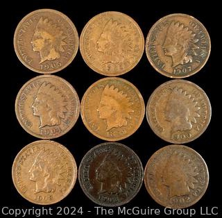 US: (9) Indian Head Penny Coins 1905 1902 1907 1904 1899 1900 1908 1903 1902 