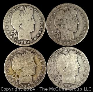 US: (4) Barber Half Dollars (1) 1904 (3) 1908