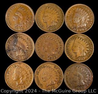 US: (9) Indian Head Penny Coins 1904 1903 1905 1900 1903 1907 1906 1907 1906